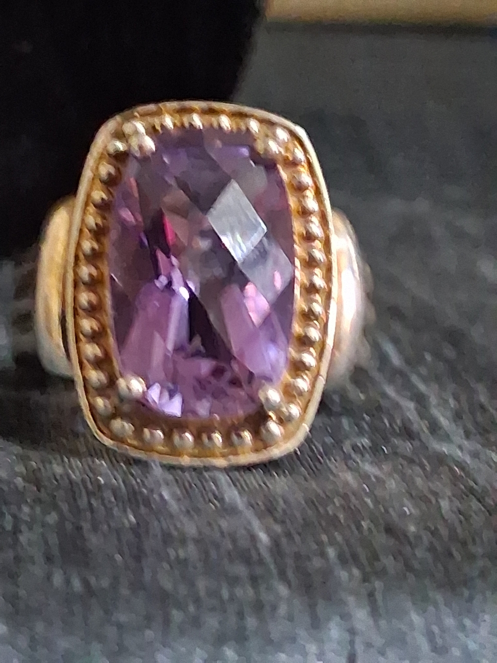 Vintage Sterling Silver Amethyst Cushion Cut Statement Ring Mixed Metal Beaded